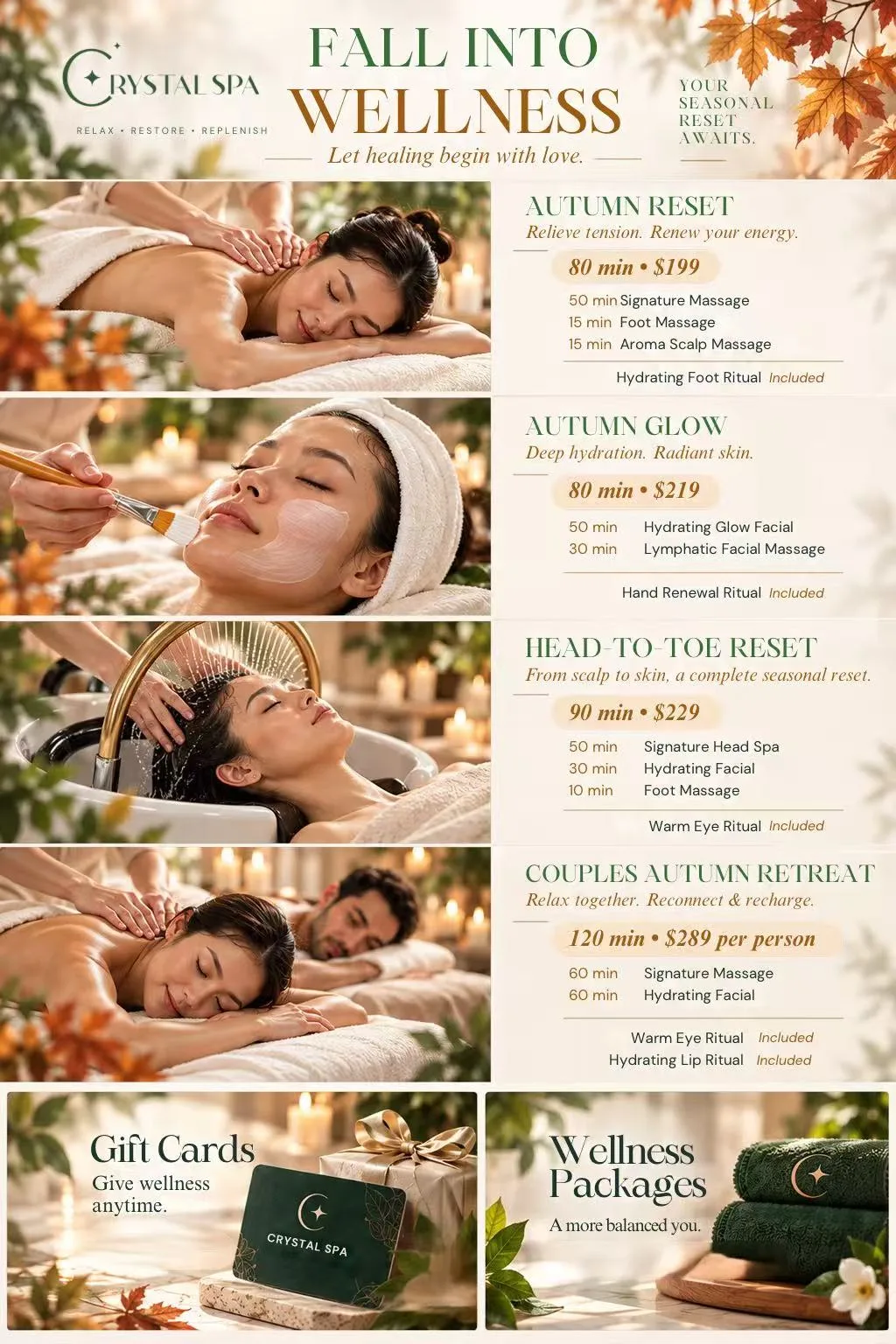 Fall Into Wellness at Crystal Spa Herndon — Autumn Reset 80 min $199, Autumn Glow 80 min $219, Head-to-Toe Reset 90 min $229, Couples Autumn Retreat 120 min $289 per person, plus gift cards and wellness packages