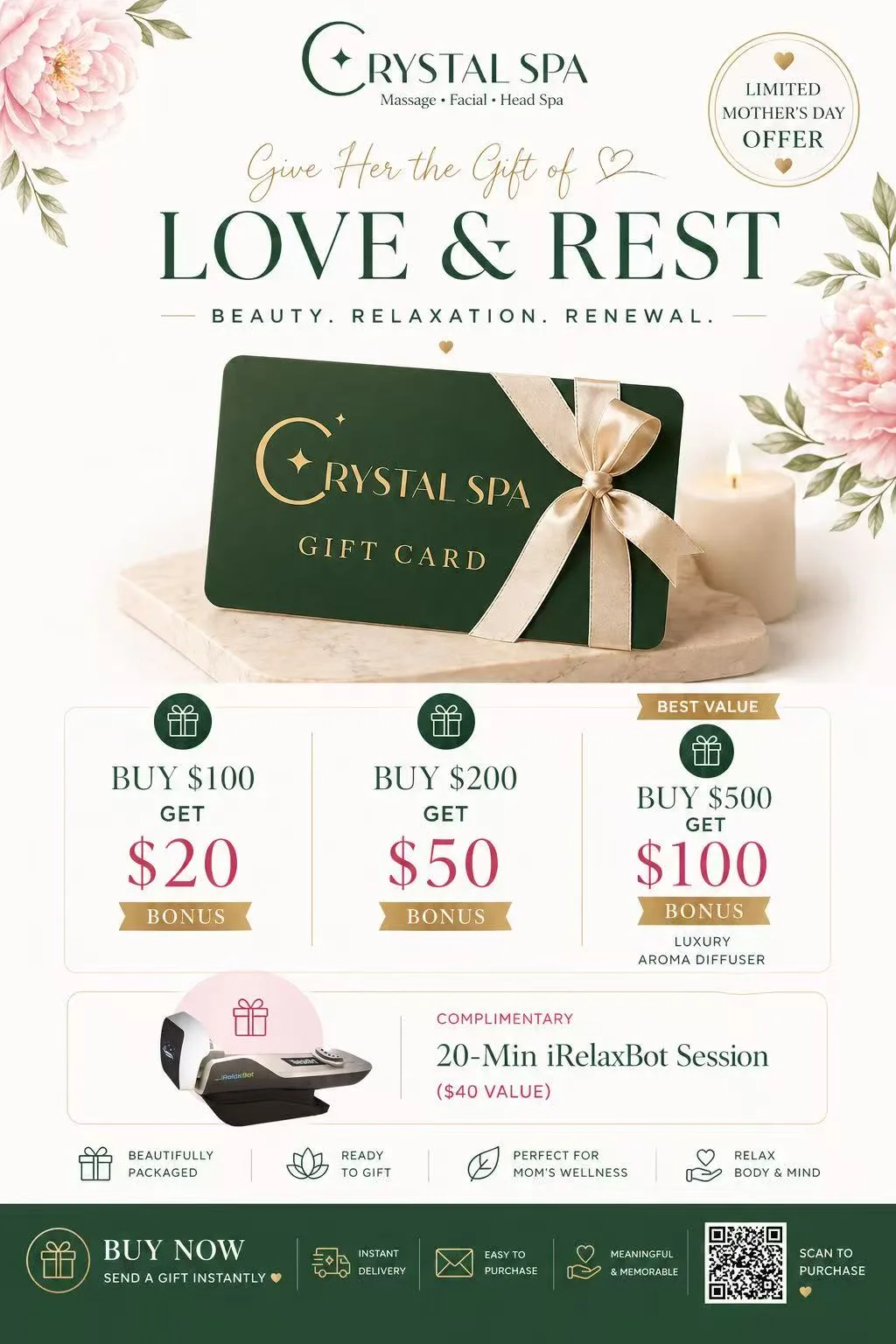 Crystal Spa Mother's Day Gift Card — Buy $100 get $20 bonus, Buy $200 get $50, Buy $500 get $100 plus luxury aroma diffuser
