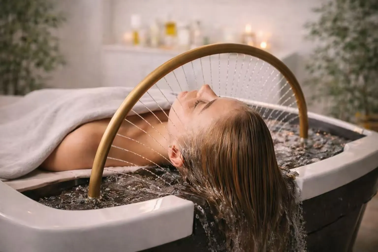 Therapist performing a head spa scalp massage at Crystal Spa in Herndon VA