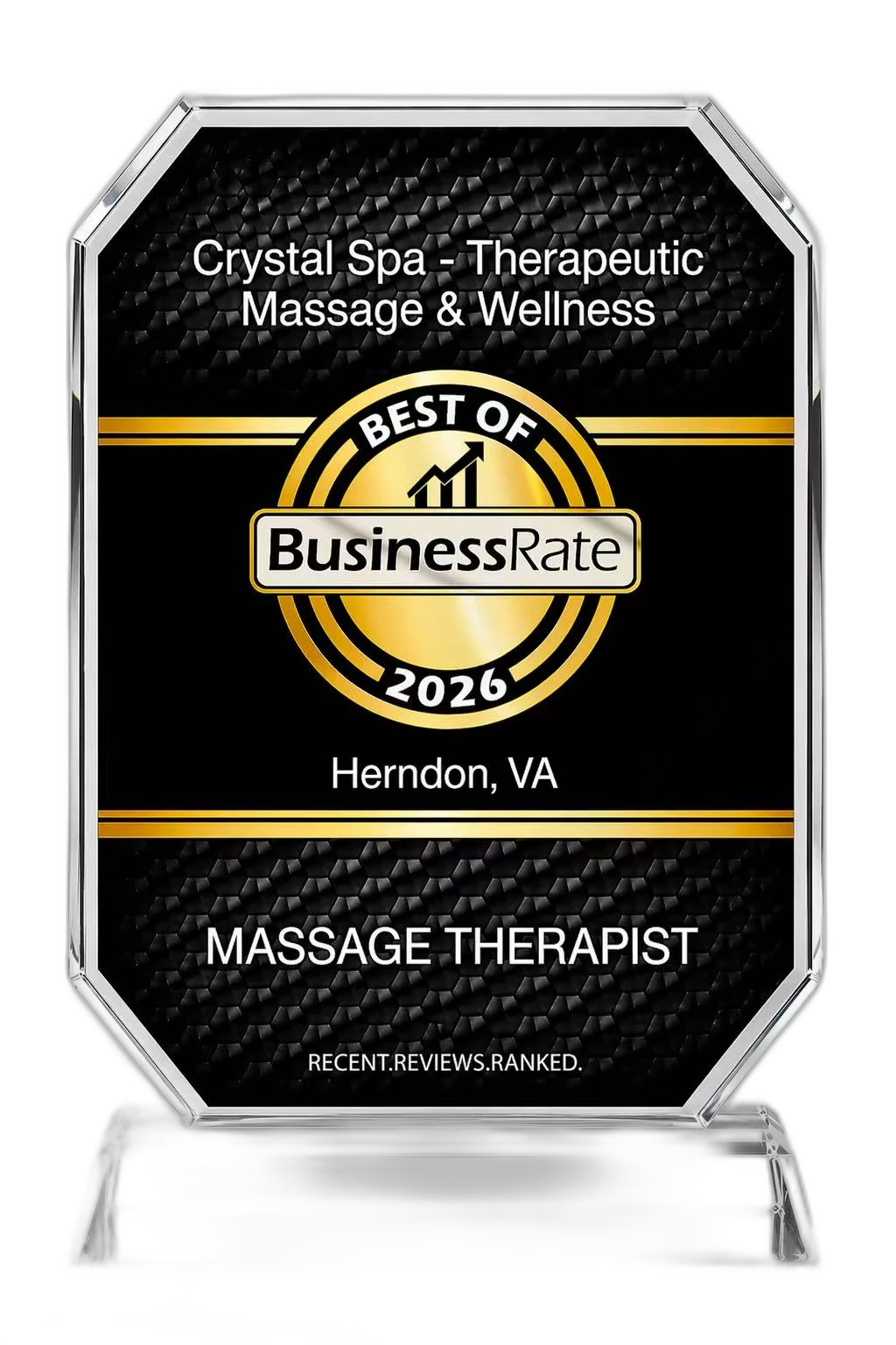BusinessRate Best of Herndon 2026 — Massage Therapist award to Crystal Spa Therapeutic Massage & Wellness