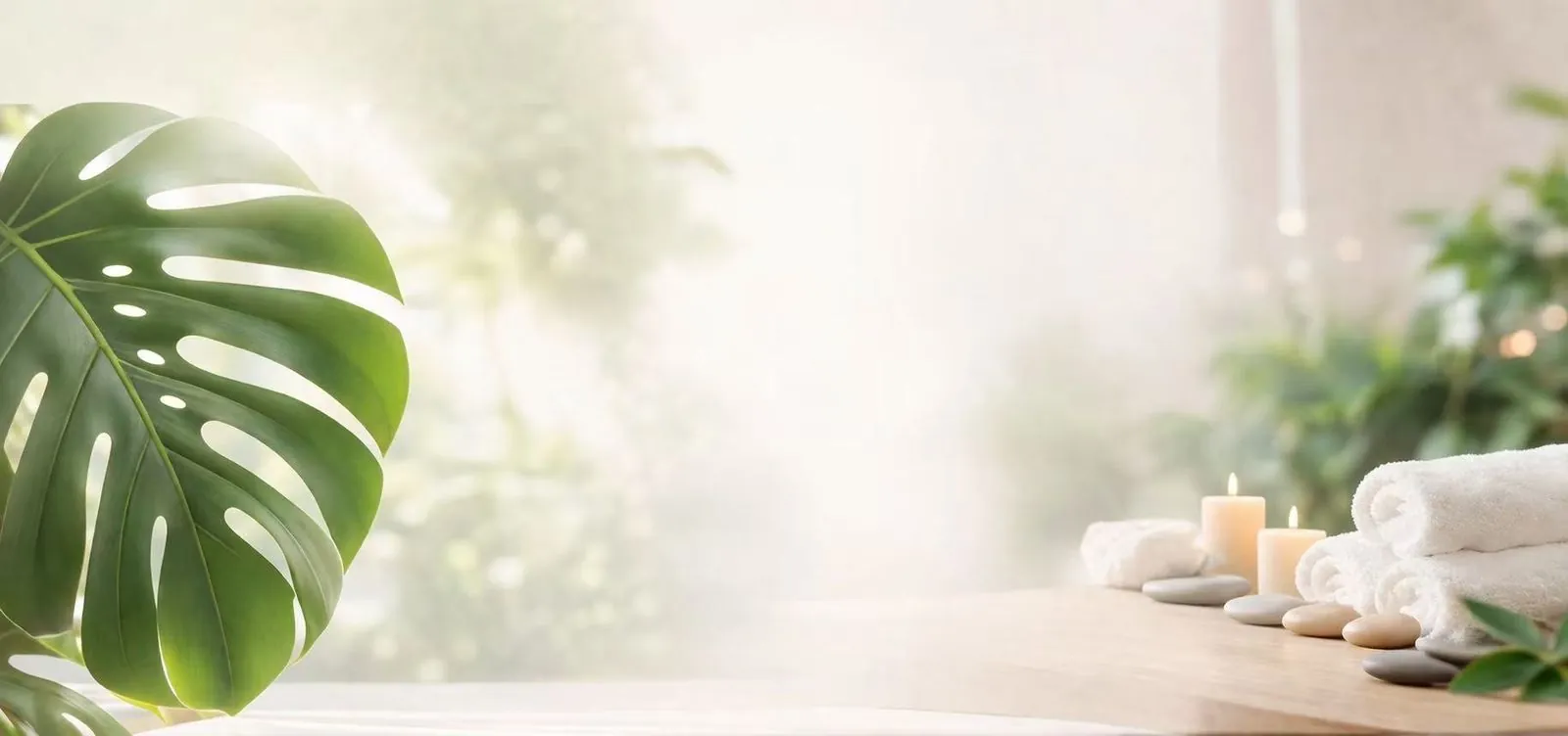 Crystal Spa — monstera leaf, zen stones, and candle creating a serene healing atmosphere
